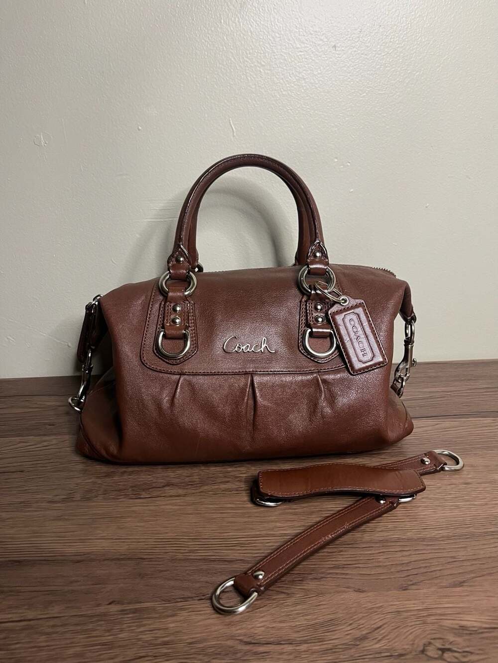 Coach Ashley Brown Leather Pleated Satchel Handbag